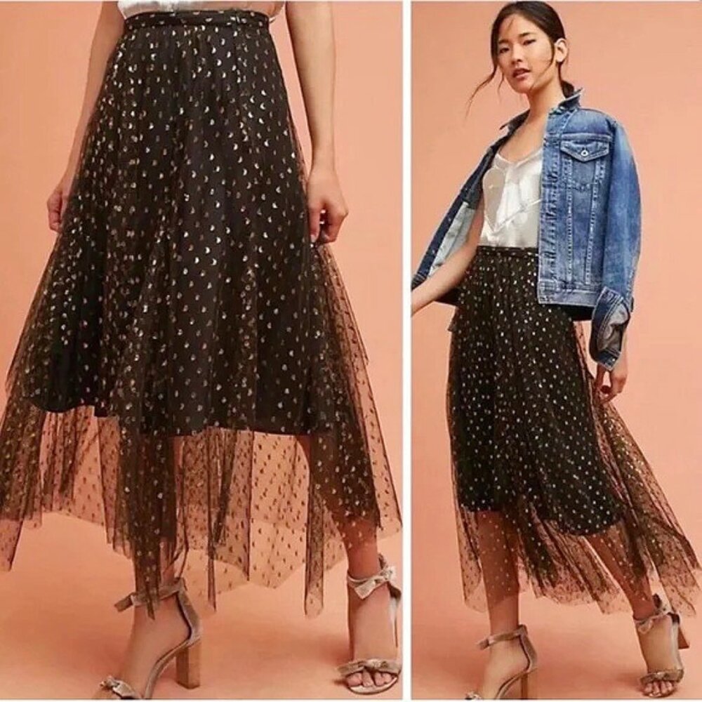 💥 BREATHTAKING!💥Anthropologie 2-Piece Flowy Tulle Skirt in Black & Gold Motif